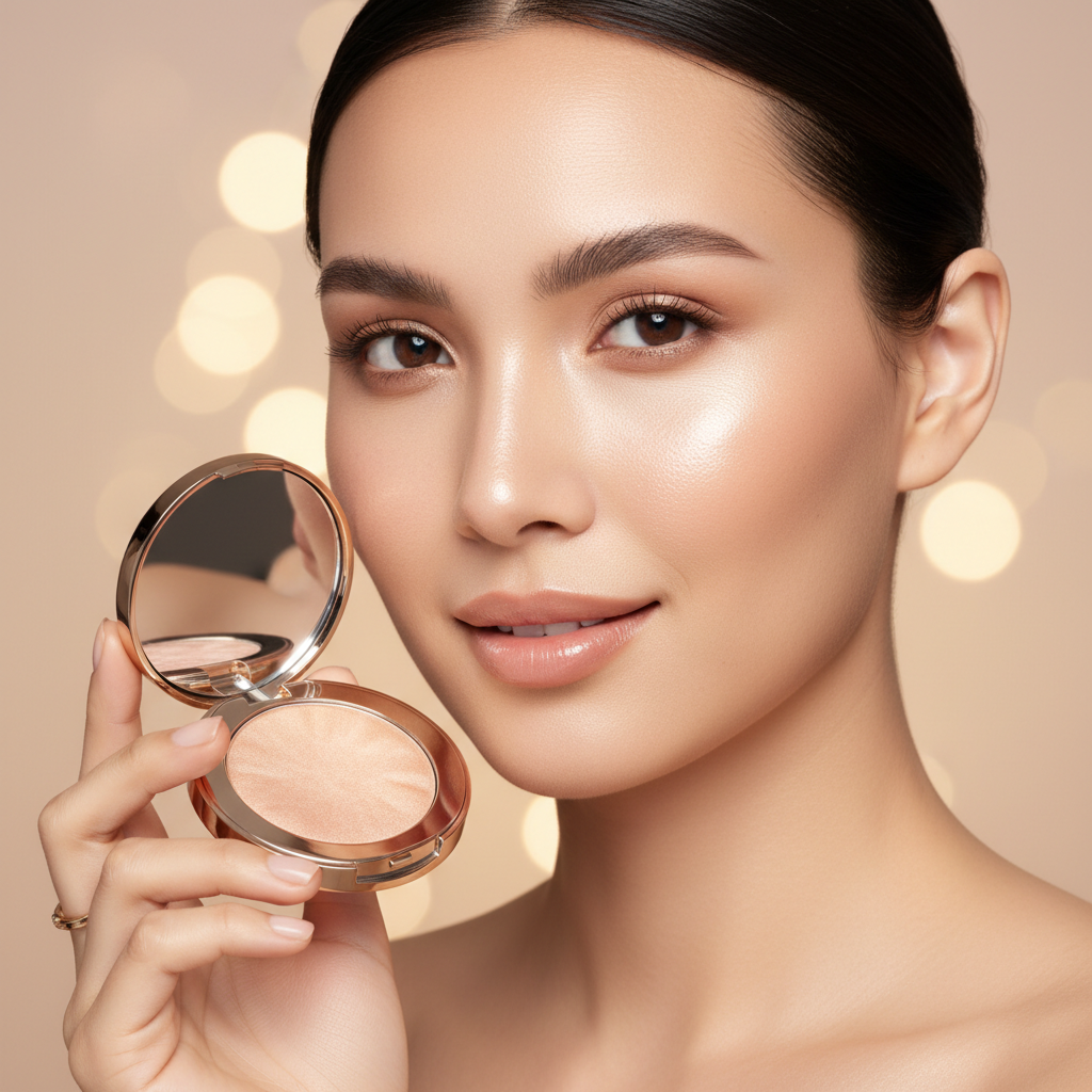 Radiant woman with luminous skin holding Radiant Glow Highlighter