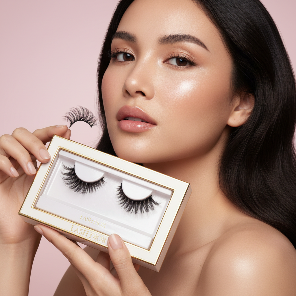 Beautiful woman holding Glamour Luxe 3D Mink Lashes