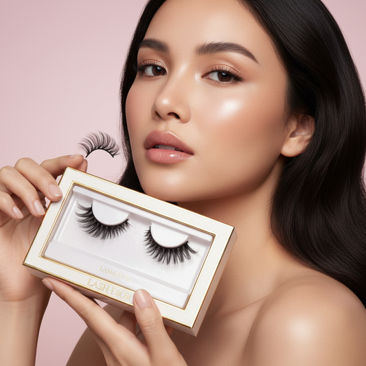 Beautiful woman holding Glamour Luxe 3D Mink Lashes