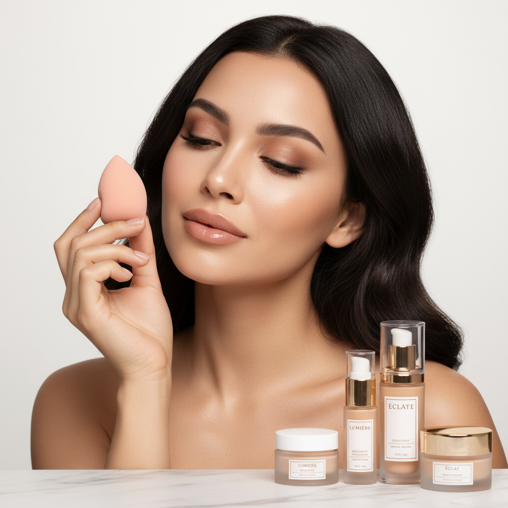 Stunning woman with flawless foundation holding Flawless Blend Beauty Sponge