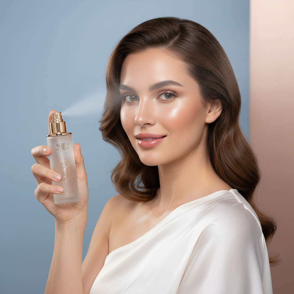 Beautiful woman with fresh makeup holding All-Day Lock Makeup Setting Spray