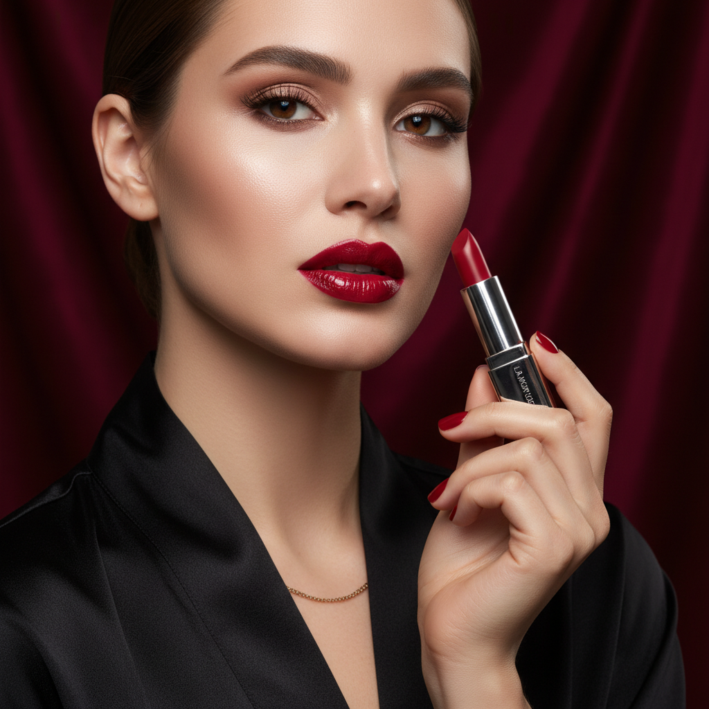 Elegant woman with bold glamorous lips holding Bold Statement Red Lipstick