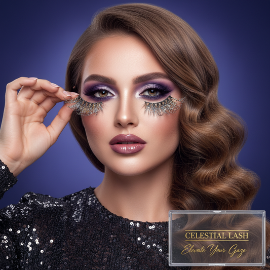 Beautiful woman with glamorous makeup holding Sparkle Glam Party Lashes