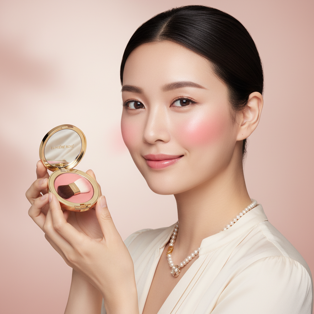 Elegant woman with rosy glowing cheeks holding Rosy Glow Powder Blush