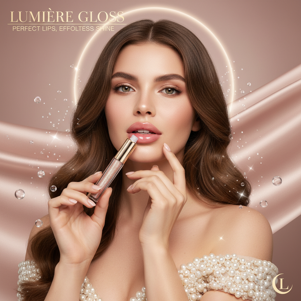Beautiful woman with glossy perfect lips holding Shine Luxe Lip Gloss