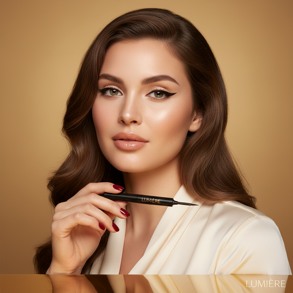 Beautiful woman with perfect winged eyeliner holding Precision Wing Liquid Eyeliner