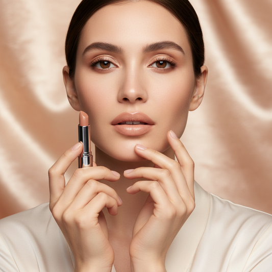 Elegant woman with flawless lips holding Velvet Matte Nude Lipstick