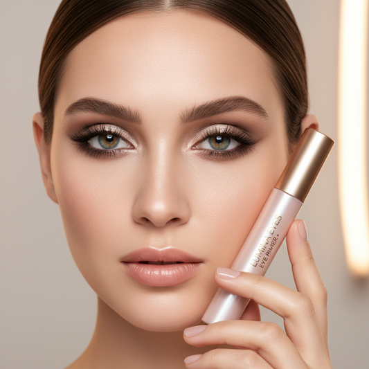 Elegant woman with flawless eye makeup holding Smooth Canvas Eye Primer
