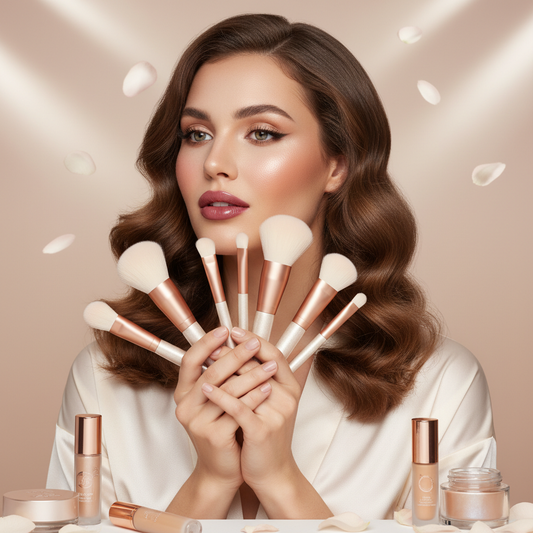 Stunning woman with flawless makeup holding Pro Artist Makeup Brush Set