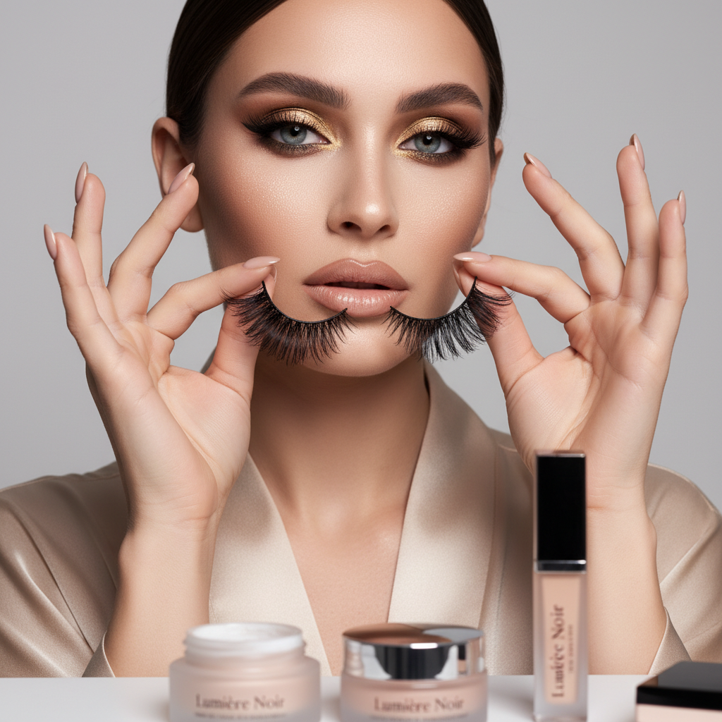 Beautiful woman with glamorous cat eye makeup holding Dramatic Cat Eye Lashes