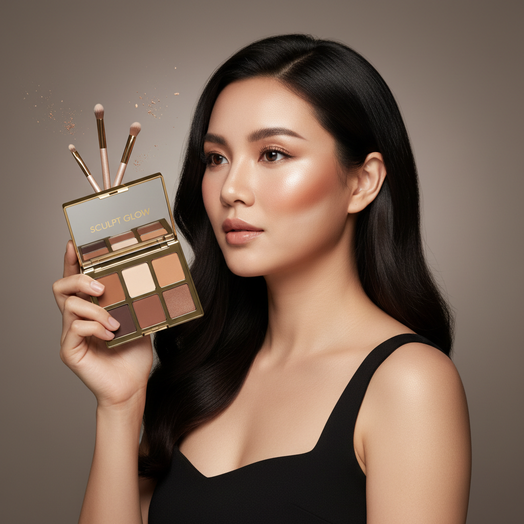 Beautiful woman with sculpted cheekbones holding Sculpt & Define Contour Palette