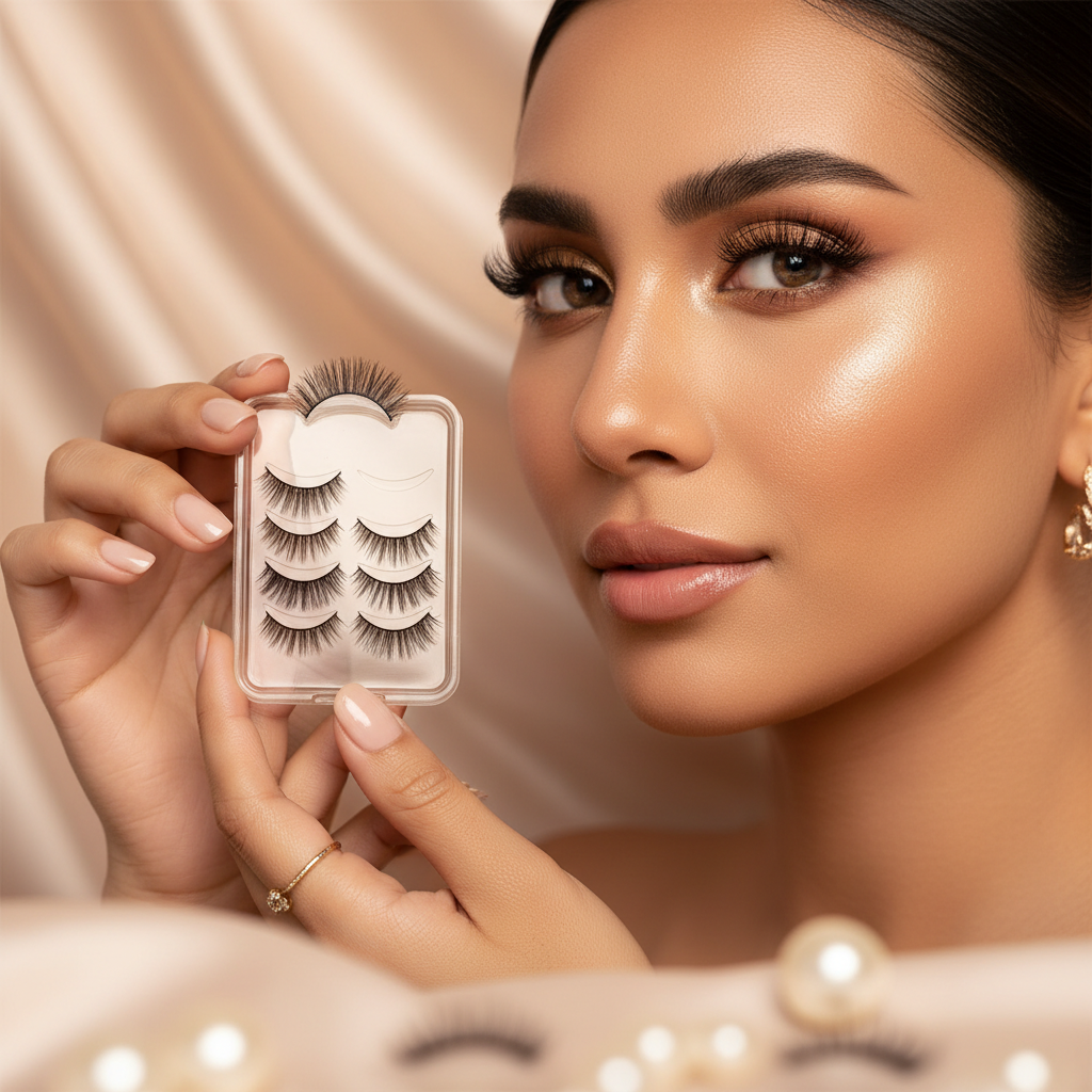 Radiant woman with beautiful eye enhancement holding Individual Cluster Lashes